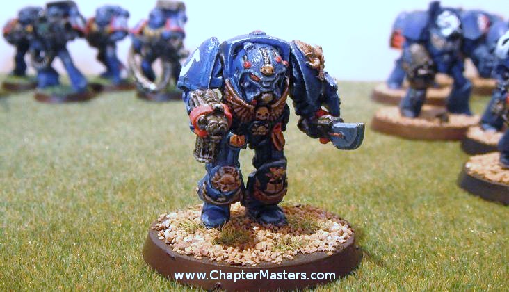 Out of Production 1989 Terminator Librarian,  Ultramarine Terminator Librarian, RTB09, RTB09 Space Marine Terminator box set. Terminator Librarian with a force axe and a storm bolter. SPace marine Terminator Librarian,Rouge Trader Terminator Librarian